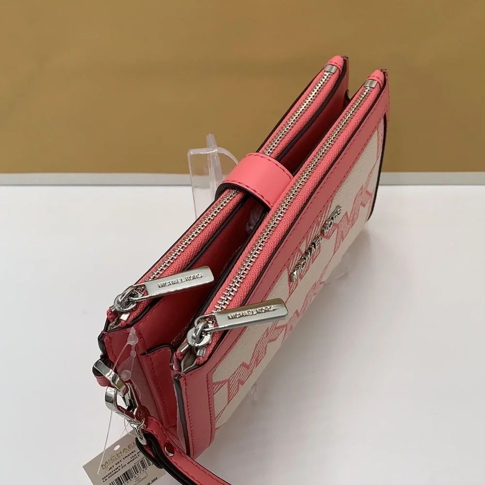MICHAEL KORS JET SET TRAVEL LARGE DOUBLE ZIP WRISTLET WALLET TEA ROSE COLOR